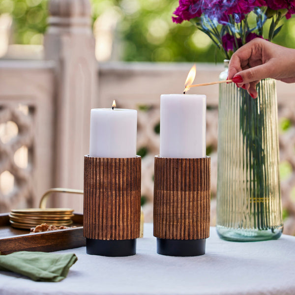 Ribbed Mango-Wood Pillar Candle Holder