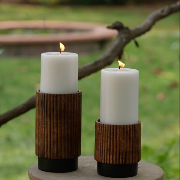 Ribbed Mango-Wood Pillar Candle Holder